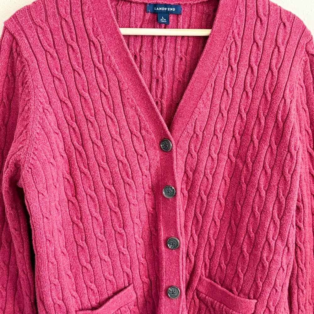Lands’ End Cable Knit Cardigan Sweater Pink Cotton Button Front - Picture 3 of 8